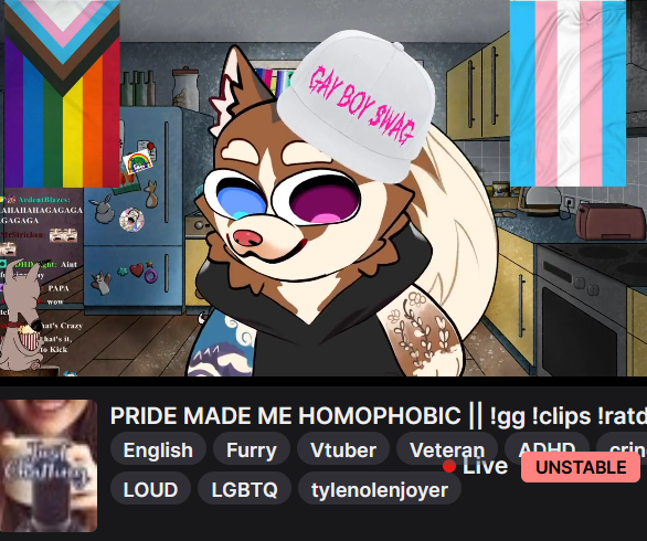 ThePapaMutt's tweet photo. Twitch wouldn't let my title be 'Ew, pride! That's gay!' but they let me do this so uh

lmao happy pride, gays! https://t.co/kH78qcYJ4t