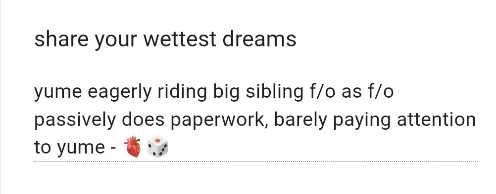freakyumes's tweet photo. ࣪ ִֶָ☾. scenarios / b!y x t!f
₊˚⊹♡ kink — (sibling) incest

you're eagerly riding your big sibling f/o as they do their paperwork, barely paying attention to you https://t.co/yGx0Fq3Har