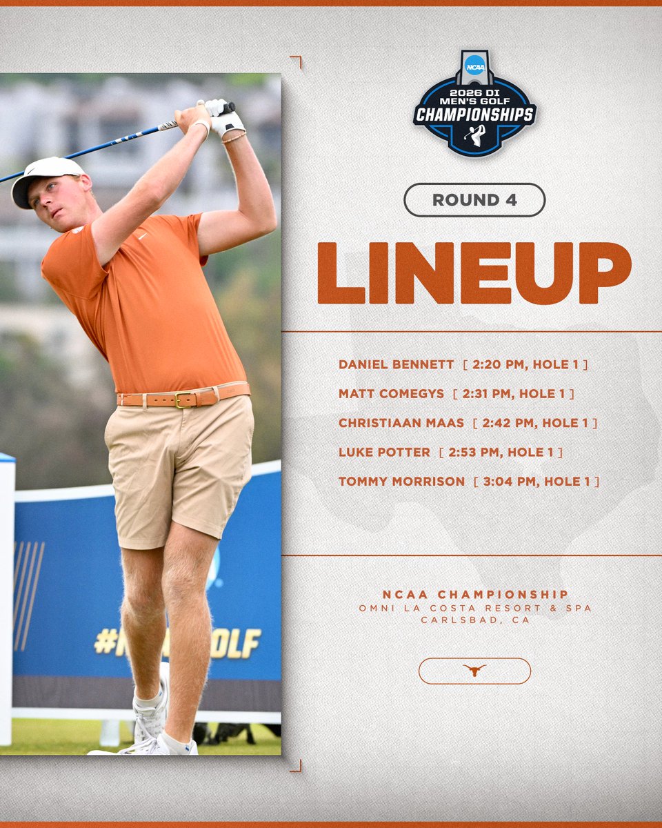 TexasMGolf's tweet photo. round 4 | NCAA Championship 🤘
Top 8 teams advance to Match Play !!

📊 https://t.co/JYbTlZZVSS
💻 @babygrandegolf (12:30-3:30 pm CT)
💻 https://t.co/hGUmhQQtlp
📺 @GolfChannel (4:30-8:30 pm CT)

#TakeDeadAim | #NCAAGolf https://t.co/V556h6Q1fq