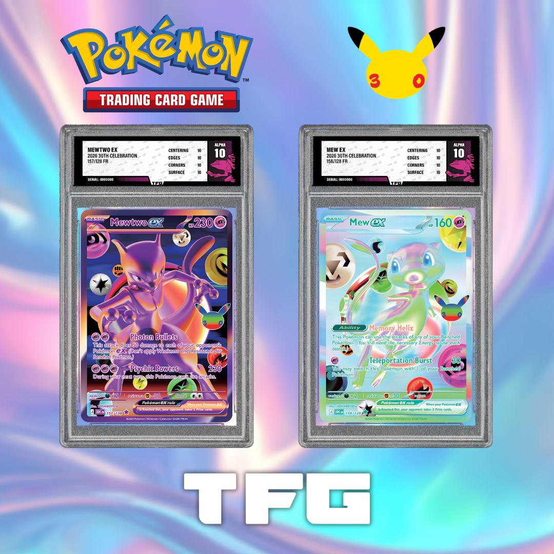 treefroggrading's tweet photo. 🔥HOT OFF THE PRESS🔥

New #FuturisticRare cards for #Mewtwo and #Mew have been announced for the upcoming #Pokemon #30thCelebration set!

How cool do these cards look?!

Make sure you're following us to get a sneak peak at some more designs tomorrow 🐸 https://t.co/wt89p0Budm
