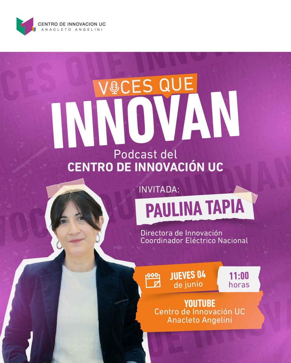 CentroinnovaUC's tweet photo. #Podcast | Voces que Innovan🗣️

En este episodio de “Voces que Innovan”, conversamos con Paulina Tapia, directora de Innovación del @coord_electrico, sobre su rol desde la industria energética.

💻Estreno exclusivo en nuestro canal de Youtube: https://t.co/3S1QPHFvrR https://t.co/Jr8DWeY1dE