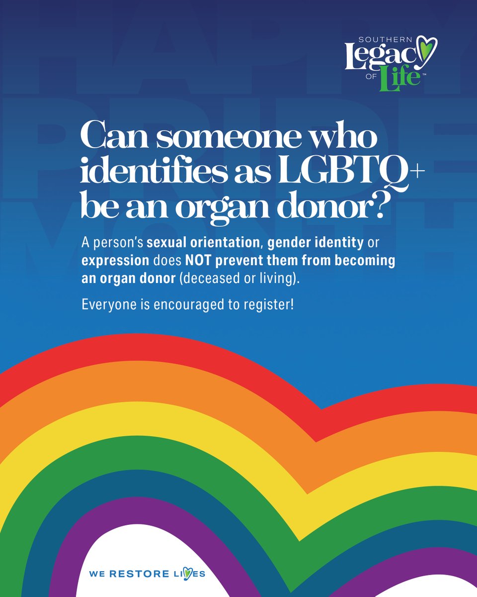 DonateLifeAR's tweet photo. 🏳️‍🌈 June is #PrideMonth; a great time to talk about LGBTQ+ organ donation &amp; transplantation. 💙💚 A person's sexual orientation, gender identity, or expression don't prevent them from being an organ donor, or receiving a transplant! https://t.co/WCQmnH1zWg #DonateLife #PRIDE https://t.co/KGcqwpi9WM