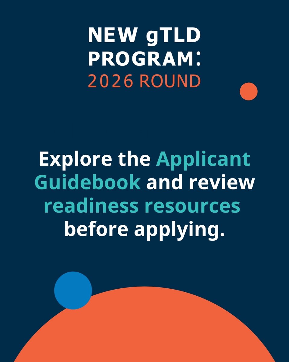 ICANN's tweet photo. 🌟 Preparation drives progress.

Explore readiness materials for New gTLD Program: 2026 Round applicants to better understand the requirements and next steps to apply.

Access resources: https://t.co/BDyAWJJ2BD
#NewgTLDProgram https://t.co/pkaq7Tqsyo