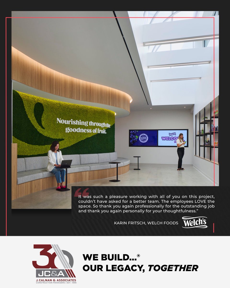 JCAbuilds's tweet photo. We Build…® A Best Place to Work

At JC&A, we strongly believe that teamwork and collaboration are essential to success. We have built a team of highly-skilled professionals with a wide array of experience and areas of specialization who fit well into our unique corporate culture. Our team fosters an entrepreneurial spirit, is passionate about their work and goes the extra mile for our clients. This testimonial below says it all!

“It was such a pleasure working with all of you on this project, couldn’t have asked for a better team. The employees LOVE the space. So thank you again professionally for the outstanding job and thank you again personally for your thoughtfulness.” - Karin Fritsch, Welch Foods