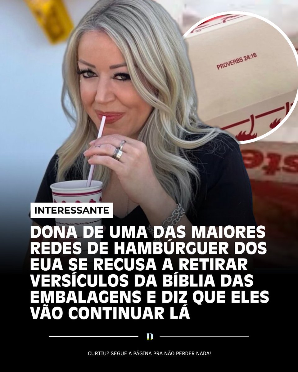 MachadoDarlon's tweet photo. 🇺🇸|EUA:/ 🍔 - A In-N-Out Burger, famosa rede americana de hambúrgueres, imprime discretamente versículos bíblicos nos copos, embalagens e bandejas há décadas. A prática foi iniciada pelo tio da atual dona, Rich Snyder, no início dos anos 90, pouco antes de sua morte, como forma de expressar sua fé. Desde então virou tradição da empresa e ninguém prestava muita atenção nisso. Recentemente grupos progressistas nos EUA começaram a pressionar a rede para remover os versículos das embalagens. Lynsi Snyder, dona e presidente da empresa, respondeu com uma posição firme: as referências bíblicas não serão removidas. Ela afirmou que a tradição é uma homenagem ao tio e um reflexo direto de sua fé cristã, dizendo que não vai tratar os versículos como algo negociável.

➡️ via:/ @/descobertamental
🤳 reprodução 
 #Fé #Cristão #EstadosUnidos