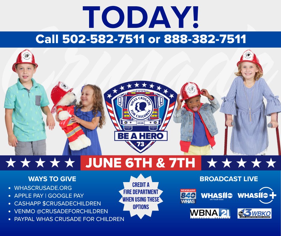 CrusadeChildren's tweet photo. TODAY is the day! The 73rd WHAS Crusade for Children is JUNE 6-7 on @WHAS11 @840WHAS w/ @WHAS11Hasch @terrymeiners! Beginning at 1PM ET today, phone operators will be standing by at 502-582-7511 or 888-382-7511.
BE A HERO! CHANGE A CHILD'S LIFE. 100% for the kids! #WHASCrusade https://t.co/Exrei0XhNE