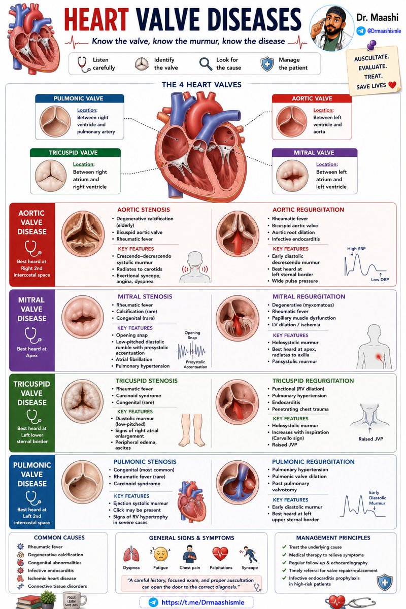 o_o_dr's tweet photo. Heart valve disease is more than just a murmur 👀

📌 Aortic stenosis → Syncope, angina, dyspnea
📌 Mitral stenosis → Opening snap + atrial fibrillation
📌 Mitral regurgitation → Murmur radiating to the axilla
📌 Aortic regurgitation → Wide pulse pressure

Know the valve.
Know the murmur.
Know the diagnosis. ❤️🩺

A high-yield review of valvular heart disease with anatomy, murmurs, clinical clues, and exam pearls.

https://t.co/1dSdJ0pv1C