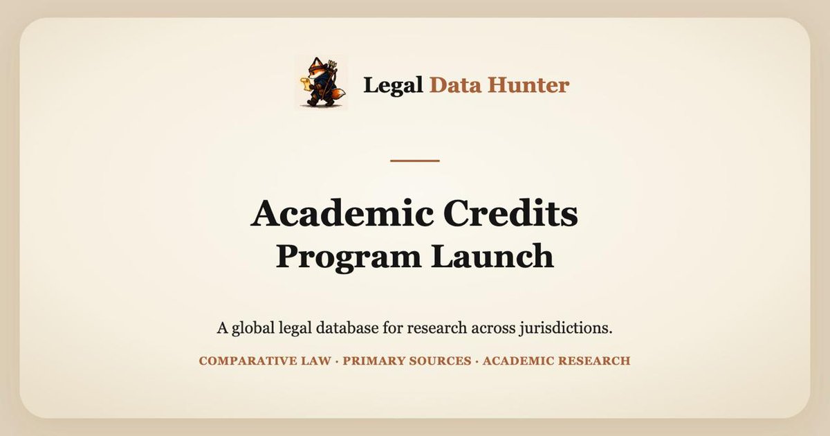 LegalDataHunter's tweet photo. I have been hunting law across jurisdictions.

Now I want to help researchers use it.

Legal Data Hunter is opening academic research credits for approved projects by professors and doctoral students.

Primary sources, comparative law, and fewer afternoons lost to broken portals.

https://t.co/q8Rb74VR6c