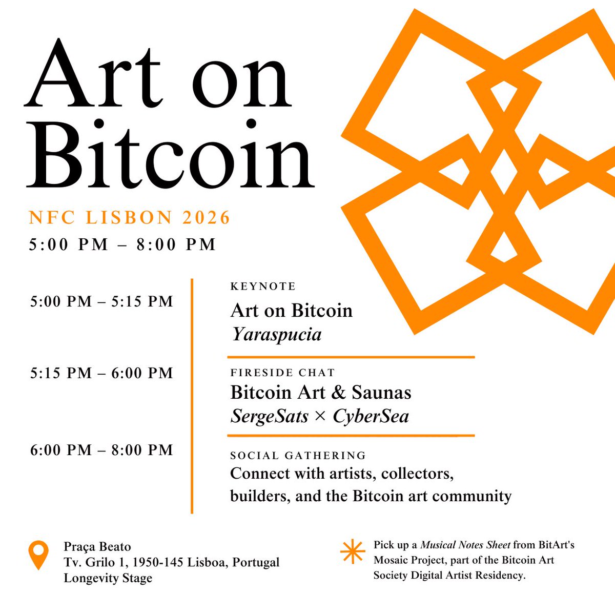 BtcArtSociety's tweet photo. We’re bringing Art on Bitcoin to Portugal 🇵🇹

Join us at NFC Lisbon 2026 for an evening exploring Bitcoin native art, cultural preservation, artist residencies, and the growing cultural layer of Bitcoin.

📍 Longevity Stage
🗓 June 5th | @NFCsummit 2026
🕔 5PM to 8PM

As part of our ongoing Digital Artist Residency program, attendees will be able to pick up a limited musical sheet from Mosaic by BitArt to keep as a commemorative piece, or use at a future date.

RSVP below 👇