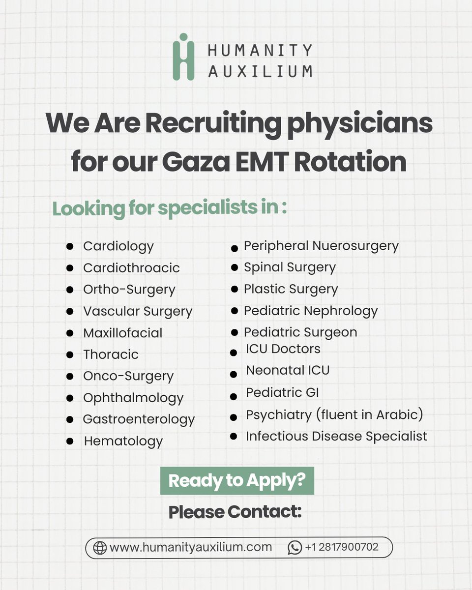 HumanityAuxOrg's tweet photo. We are recruiting dedicated physicians and consultants for our upcoming Gaza EMT Rotation. 
If you are ready to utilize your expertise where it is needed most, this is your call to action.

🔗 Visit the link in our bio to get involved: https://t.co/7pxUotvO90 https://t.co/hJ2T75oS1e