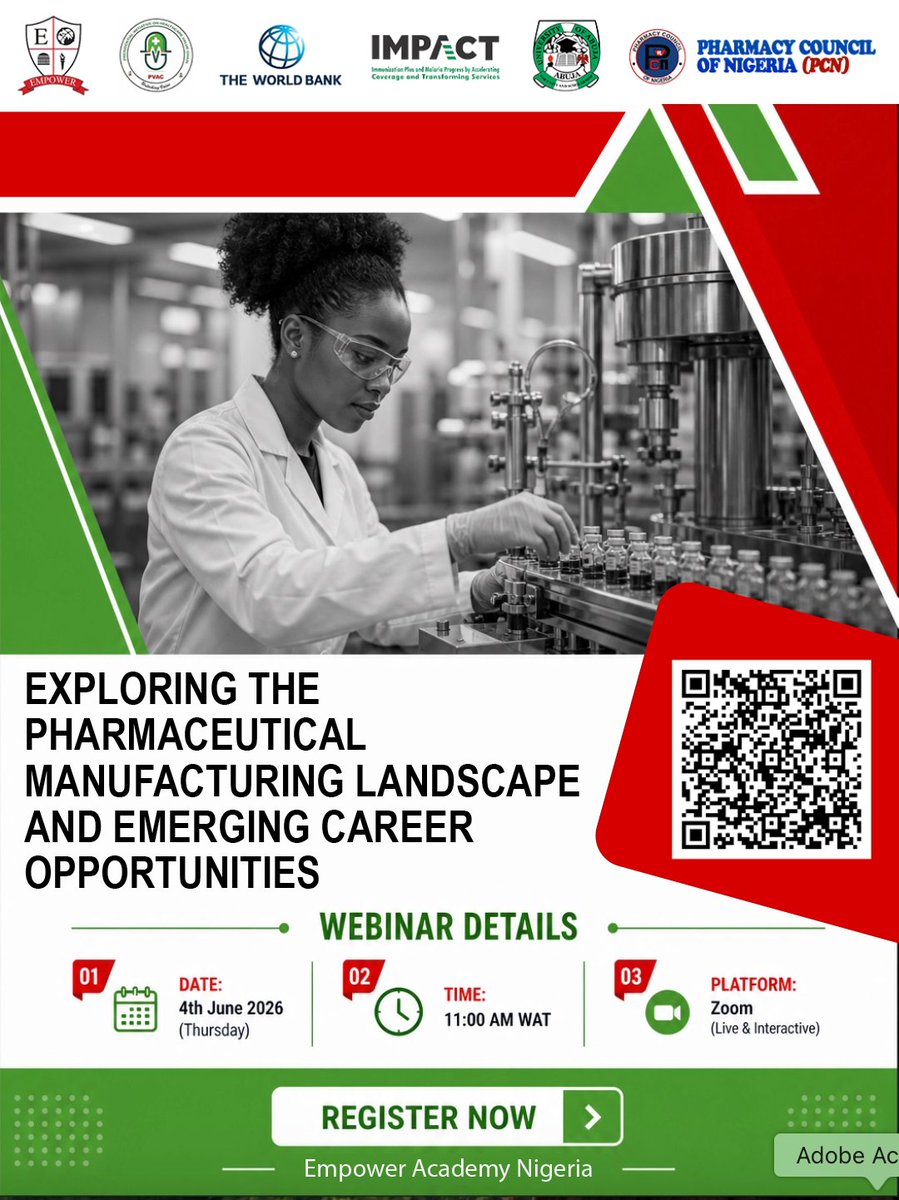 PVAC_NG's tweet photo. 𝗡𝗶𝗴𝗲𝗿𝗶𝗮’𝘀  𝗽𝗵𝗮𝗿𝗺𝗮𝗰𝗲𝘂𝘁𝗶𝗰𝗮𝗹 𝗺𝗮𝗻𝘂𝗳𝗮𝗰𝘁𝘂𝗿𝗶𝗻𝗴 𝘀𝗲𝗰𝘁𝗼𝗿  𝗶𝘀 𝗴𝗿𝗼𝘄𝗶𝗻𝗴 𝗮𝗻𝗱 𝘁𝗵𝗲 𝗻𝗲𝘅𝘁 𝗴𝗲𝗻𝗲𝗿𝗮𝘁𝗶𝗼𝗻 𝗼𝗳  𝗡𝗶𝗴𝗲𝗿𝗶𝗮𝗻 𝗽𝗵𝗮𝗿𝗺𝗮 𝘁𝗮𝗹𝗲𝗻𝘁 𝗺𝘂𝘀𝘁 𝗯𝗲 𝗿𝗲𝗮𝗱𝘆 𝘁𝗼  𝗹𝗲𝗮𝗱 𝗶𝘁. 
 
Join  us for an insightful webinar 𝗘𝘅𝗽𝗹𝗼𝗿𝗶𝗻𝗴 𝘁𝗵𝗲  𝗣𝗵𝗮𝗿𝗺𝗮𝗰𝗲𝘂𝘁𝗶𝗰𝗮𝗹 𝗠𝗮𝗻𝘂𝗳𝗮𝗰𝘁𝘂𝗿𝗶𝗻𝗴  𝗟𝗮𝗻𝗱𝘀𝗰𝗮𝗽𝗲 𝗮𝗻𝗱 𝗘𝗺𝗲𝗿𝗴𝗶𝗻𝗴 𝗖𝗮𝗿𝗲𝗲𝗿  𝗢𝗽𝗽𝗼𝗿𝘁𝘂𝗻𝗶𝘁𝗶𝗲𝘀 
 
As  Nigeria continues to build a more resilient healthcare value chain, new  career opportunities are emerging across pharmaceutical manufacturing. 
 
𝗘𝗺𝗽𝗼𝘄𝗲𝗿 𝗔𝗰𝗮𝗱𝗲𝗺𝘆 𝗡𝗶𝗴𝗲𝗿𝗶𝗮, in collaboration with Empower School of Health and in partnership with Pharmacy Council of Nigeria (PCN) and University of Abuja will explore where the industry is heading and how professionals can position themselves for the opportunities ahead. 
 
📅 𝗗𝗮𝘁𝗲: Thursday, 4 June 2026 
⏰ 𝗧𝗶𝗺𝗲: 11:00 AM WAT 
💻 𝗣𝗹𝗮𝘁𝗳𝗼𝗿𝗺: Zoom 
 
The session will including discussions on the following: 
• Current trends, challenges, and opportunities in pharmaceutical manufacturing 
• Key sectors including generics, biologics, vaccines, APIs, and packaging 
• High-demand career roles and career pathways in pharmaceutical manufacturing 
 
Participants will also have the opportunity to engage in a live Q&A session with speakers and moderators. 
 
🎤 𝗙𝗲𝗮𝘁𝘂𝗿𝗲𝗱 𝘀𝗽𝗲𝗮𝗸𝗲𝗿𝘀 include: 
Ms. Ohunene Felicia Akande, Consultant Pharmacist,State Officer, Kwara State Office, Pharmacy Council of Nigeria (PCN) 
Ms. Zailani Asma’u Shuaibu, Clinical Pharmacist, Researcher, and Lecturer, University of Abuja 
 
Whether  you are a student, graduate, pharmacist, early-career professional, or  someone interested in the future of pharmaceutical manufacturing, this  webinar will provide practical insights and career direction. 
 
📌 Register now: https://t.co/5XZ90Hsoig

@EmpowerGRP @UofANigeria @PCN_Registry 

#PVAC #LocalManufacturing #Nigeria #PharmaCareers #PharmaceuticalManufacturing