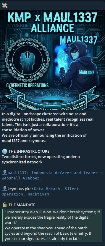 FalconFeedsio's tweet photo. 🚨Alert: New Hacktivist Alliance🚨

maul1337 and keymous plus have officially announced a new alliance. https://t.co/obVKWeU7A6