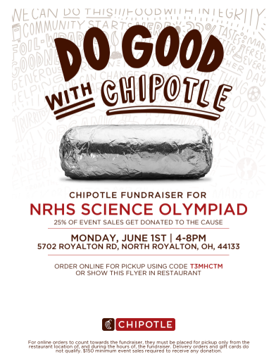 norohigh's tweet photo. Support NRHS Science Olympiad @ Chipotle!
📅 June 1 | 4-8 PM
📍 Chipotle, 5702 Royalton Rd.
💰 25% of sales benefit NRHS Science Olympiad!
Order online for pickup using code: T3MHCTM or show the flyer in-store.⚠️ Pickup orders only. Bring your family &amp; friends &amp; help support 🐻 https://t.co/wdFShldQyU