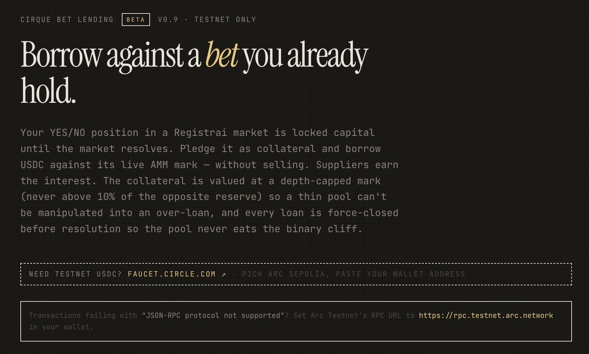 registraidotcc's tweet photo. Your prediction-market bet is dead capital until the market resolves.

Not anymore. You can now borrow USDC against a YES/NO position you hold — without selling it.

Live on @arc testnet 👇
https://t.co/LA3puqwEiz https://t.co/mf1rDx6hK7