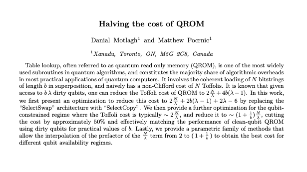 XanaduAI's tweet photo. Loading classical data into a quantum computer just got 50% cheaper.

This work by Danial Motlagh and Matthew Pocrnic (@mpocrnic97) introduces a new method that slashes the Toffoli gate overhead required for Quantum Read-Only Memory (QROM). 

🔗👇 https://t.co/uugi7ll5y2