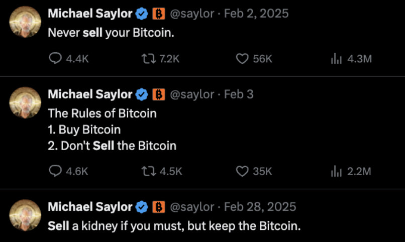 DoCryptoBred's tweet photo. Everyone is posting clips of Saylor saying “never sell your Bitcoin.”

But I think a lot of people completely missed the point.

He did not sell his own Bitcoin. And this is not some funny contradiction or a reason to laugh.

This is exactly what he has been writing about for a long time: Strategy is a financial company built on Bitcoin. Nothing more, nothing less.

I do not think this is the end of Strategy, and I do not think BTC is going to zero.

The point is different.

Strategy raises capital to buy BTC in different ways — not only by selling equity, but also by selling “stable yield.” They use that capital to buy BTC and hope to outperform those obligations through Bitcoin appreciation.

So yes, he sold 32 BTC to show people who apparently cannot read that the company CAN sell BTC and will do so in the future if needed to cover dividends for those who provided capital to buy more BTC.

You can debate the long-term viability of this structure for hours. I will not do that here.

The only thing I will say: I am pretty confident that next Monday we will see him post that Strategy bought 10x, 20x or 100x more BTC than it sold this week.

All of this was explained in advance.

The fact that this is a “huge surprise” to some people only shows how few of them are actually paying attention to what is happening in the market.

#Bitcoin #Strategy #MichaelSaylor #MSTR #BTC #Crypto #BitcoinTreasury #DigitalAssets #Markets bitcoin:native  $MSTR