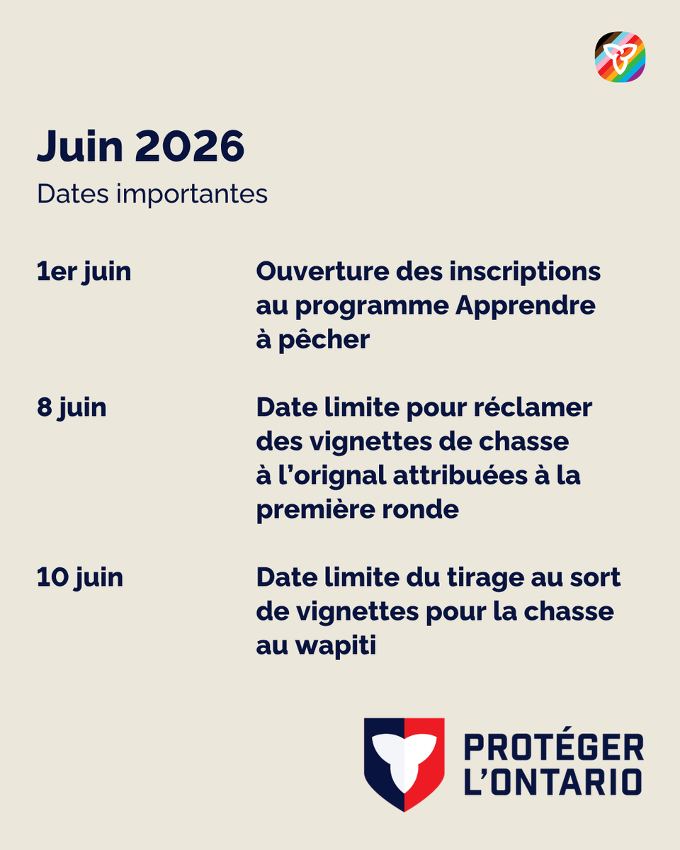 PecheFauneON's tweet photo. Ne manquez pas ces dates limites et occasions en juin.  

• 1er juin : Ouverture des inscriptions au programme Apprendre à pêcher 
• 8 juin : Date limite pour réclamer des vignettes de chasse à l’orignal attribuées à la première ronde  
• 10 juin : Date limite du tirage au sort de vignettes pour la chasse au wapiti   
• 14 juin : Date limite de soumission des rapports printaniers sur les activités de chasse au dindon sauvage  
• 15 juin : Ouverture de la période des demandes d’inscription à la deuxième ronde d’attribution de vignettes de chasse à l’orignal  
• Du 20 au 21 juin : Fin de semaine de pêche gratuite de la Fête des pères  
• 22 juin : Date limite de soumission des rapports printaniers des non-résidents sur les activités de chasse à l’ours noir  
• Du 27 juin au 5 juillet : Semaine de pêche en famille gratuite 

Pour soumettre votre rapport sur les activités de chasse ou des demandes d’inscription aux tirages au sort, visitez https://t.co/gIMpqvT2kw, ou appelez au 1 800 288-1155. Vous pouvez également présenter des demandes d’inscription aux tirages en personne  à un délivreur de permis ou à un point de service participant de ServiceOntario.