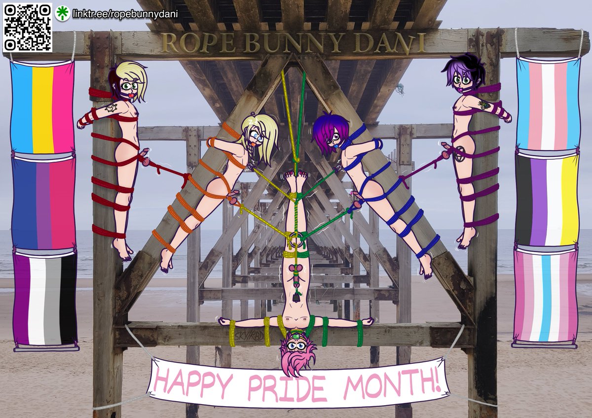 ropebunnydani's tweet photo. Happy Pride Month everyone! ^^ 
And nothing says Pride like tying 5 femboys to an old drelict pier with colourful shibari :3 https://t.co/vx2GYlfM2m