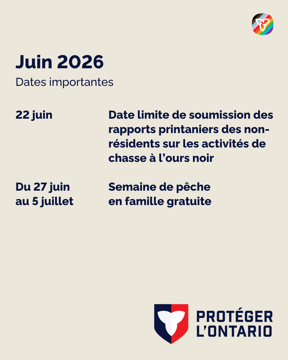 PecheFauneON's tweet photo. Ne manquez pas ces dates limites et occasions en juin.  

• 1er juin : Ouverture des inscriptions au programme Apprendre à pêcher 
• 8 juin : Date limite pour réclamer des vignettes de chasse à l’orignal attribuées à la première ronde  
• 10 juin : Date limite du tirage au sort de vignettes pour la chasse au wapiti   
• 14 juin : Date limite de soumission des rapports printaniers sur les activités de chasse au dindon sauvage  
• 15 juin : Ouverture de la période des demandes d’inscription à la deuxième ronde d’attribution de vignettes de chasse à l’orignal  
• Du 20 au 21 juin : Fin de semaine de pêche gratuite de la Fête des pères  
• 22 juin : Date limite de soumission des rapports printaniers des non-résidents sur les activités de chasse à l’ours noir  
• Du 27 juin au 5 juillet : Semaine de pêche en famille gratuite 

Pour soumettre votre rapport sur les activités de chasse ou des demandes d’inscription aux tirages au sort, visitez https://t.co/gIMpqvT2kw, ou appelez au 1 800 288-1155. Vous pouvez également présenter des demandes d’inscription aux tirages en personne  à un délivreur de permis ou à un point de service participant de ServiceOntario.
