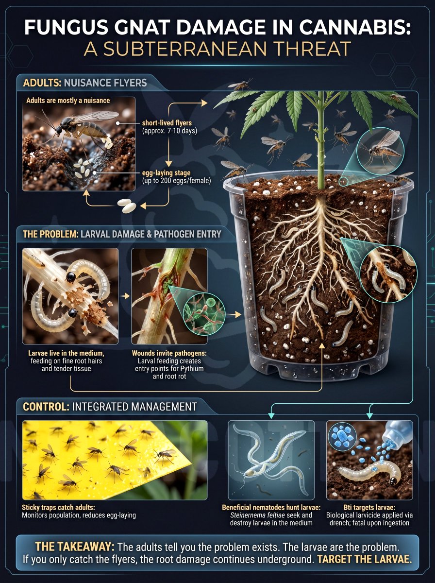 nova2cotton's tweet photo. Adult fungus gnats may be a nuisance, but the larvae are the ones truly wreaking havoc O_o bet you didn't know that, did you? While most growers are preoccupied with the pests they can see, they often overlook the hidden threat devouring their root systems. O_O

Adult fungus gnats (Bradysia species) are weak fliers that only live about a week. They don’t even feed on your plants. Their only real job is making more gnats.
In the upper inch of damp soil or coco, females deposit between 100 and 300 eggs. Honestly, I can't imagine living in a reality where creatures like these are actually huge...

The larvae go through four instar stages over roughly two weeks. They primarily eat organic matter and fungal mycelium… but here’s what most people miss :(

When food is limited, they also chew on root hairs and tender root tissue. This silently destroys the plant’s ability to absorb water and nutrients. The result? Vague, stubborn deficiency symptoms and slow growth that won’t fix no matter how much you feed 😔 because the delivery system itself is damaged.

Even worse, the tiny wounds they create give Pythium and other root pathogens easy entry points.

So those yellow sticky traps you’ve been using for two weeks while watching adults fly around?

They only catch the adults.

The adults aren’t the problem.

The real fix targets the larvae in the root zone!

Beneficial nematodes (specifically Steinernema feltiae) : microscopic worms that actively hunt larvae, enter their bodies, and release symbiotic bacteria that kill them within 24–48 hours. WOOOO :D

Bacillus thuringiensis var. israelensis (Bti) : produces proteins that are toxic only when the larvae ingest them. Completely safe for plants, beneficials, and mammals.

Sticky traps manage the flyers. yes

Nematodes and Bti go after the real villains where they actually live O_o in the medium.

Treat the root zone, not just the air.

That’s where the damage is happening.

Success lies in addressing the source of the infestation! You have the knowledge to defeat this foe! Godspeed!

Keep on Growing O_O