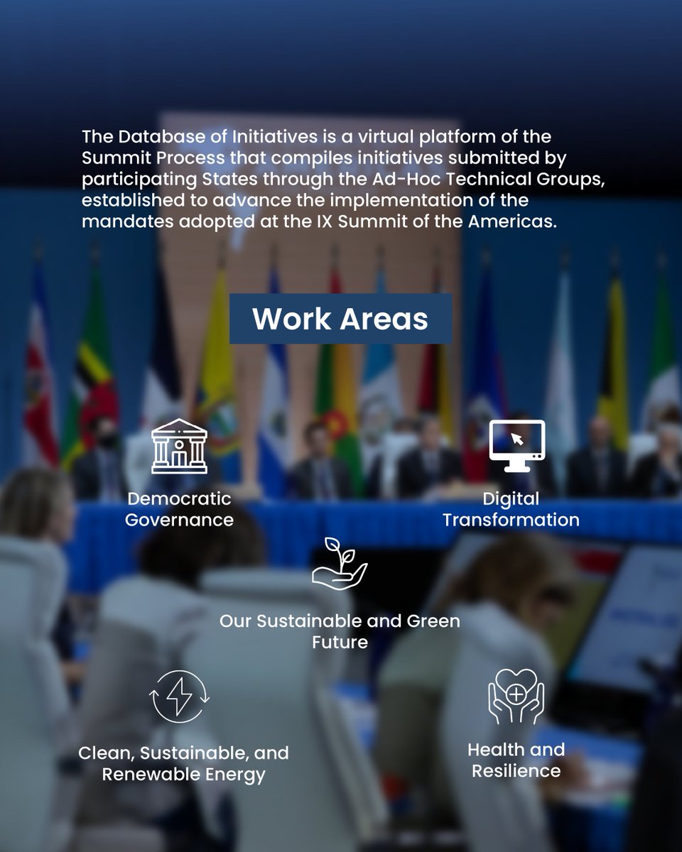 SummitAmericas's tweet photo. The Database of Initiatives of the IX Summit of the Americas continues to grow.

Recently, Argentina, Brazil, Guyana, and Mexico added new contributions, further strengthening this platform for the exchange of experiences and best practices.

The Database currently brings together 156 initiatives shared by 15 countries, through which they advance the implementation of the commitments adopted at the IX Summit of the Americas.

The initiatives are developed across five priority areas:
🔹 Democratic Governance
🔹 Digital Transformation
🔹 Health and Resilience
🔹 Our Sustainable and Green Future
🔹 Clean, Sustainable, and Renewable Energy

The Database of Initiatives serves as a key tool to facilitate hemispheric cooperation and showcase concrete actions promoted by participating States.

🔗 Explore all initiatives here:
https://t.co/ckihU8ZYH9