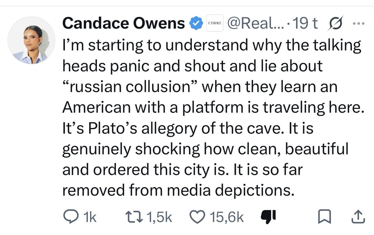 Microinteracti1's tweet photo. Candace Owens visits Moscow and discovers architecture. Remarkable. Some of her grandparents’ generation made the same intellectual journey in the 1930s, except they were admiring a different capital, and history has been rather unkind to their travel reviews ever since.

During the Cold War, when Russia was busy shooting people for owning a Bible and Republicans were busy explaining why that was bad, oddly nobody was posting Bolshoi curtain photos with heart eyes. Strange that. Now, however, with the intellectual horsepower of a heavily sedated golden retriever and a reading comprehension that would embarrass a Congolese sixth-grader, America’s favourite contrarian has discovered that a dictatorship can have nice ceilings.

Kyiv also has beautiful buildings, incidentally. Had, in some cases. Past tense. Because the lovely people who just fed you dinner have been methodically reducing it to rubble since 2022. But the curtains. My God, the curtains.

Here is a brief geography lesson, free of charge: Russia arms Iran. Iran shoots at American soldiers across the Middle East. Iran also shoots ballistic missiles directly at the United States military. Not at abstractions. At Americans. In uniform. Right now. This week. While you were photographing chandeliers.

These two countries, the one you just visited and the one currently firing missiles at your own military, are allies. They are on the same side. That side is not your side. It is not America’s side. It has never been America’s side.

The Western alliance that allows Candace Owens to be magnificently, breathtakingly wrong in public was not built by people who holiday in enemy capitals and post admiring photos while their own soldiers are being shot at by the hosts’ best friends. It was built by people who understood, at a fairly basic level, which side they were on.

Some of your grandparents understood that. The ones cheering for the wrong team in the 1930s did not, and we remember them accordingly.

The buildings are stunning, Candace. The judgment, considerably less so.