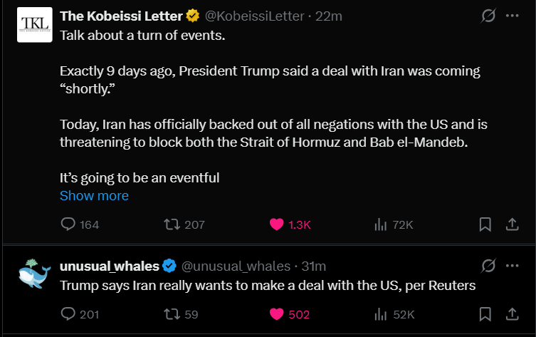 Only_Logic_'s tweet photo. The beauty of X...in one screenshot!

Both just ~9 mins apart! 
The same time, but exactly polar opposite news!!!

@nikitabier @elonmusk Which one is true? How does one decide which to believe? https://t.co/bKRLwPL2Rp
