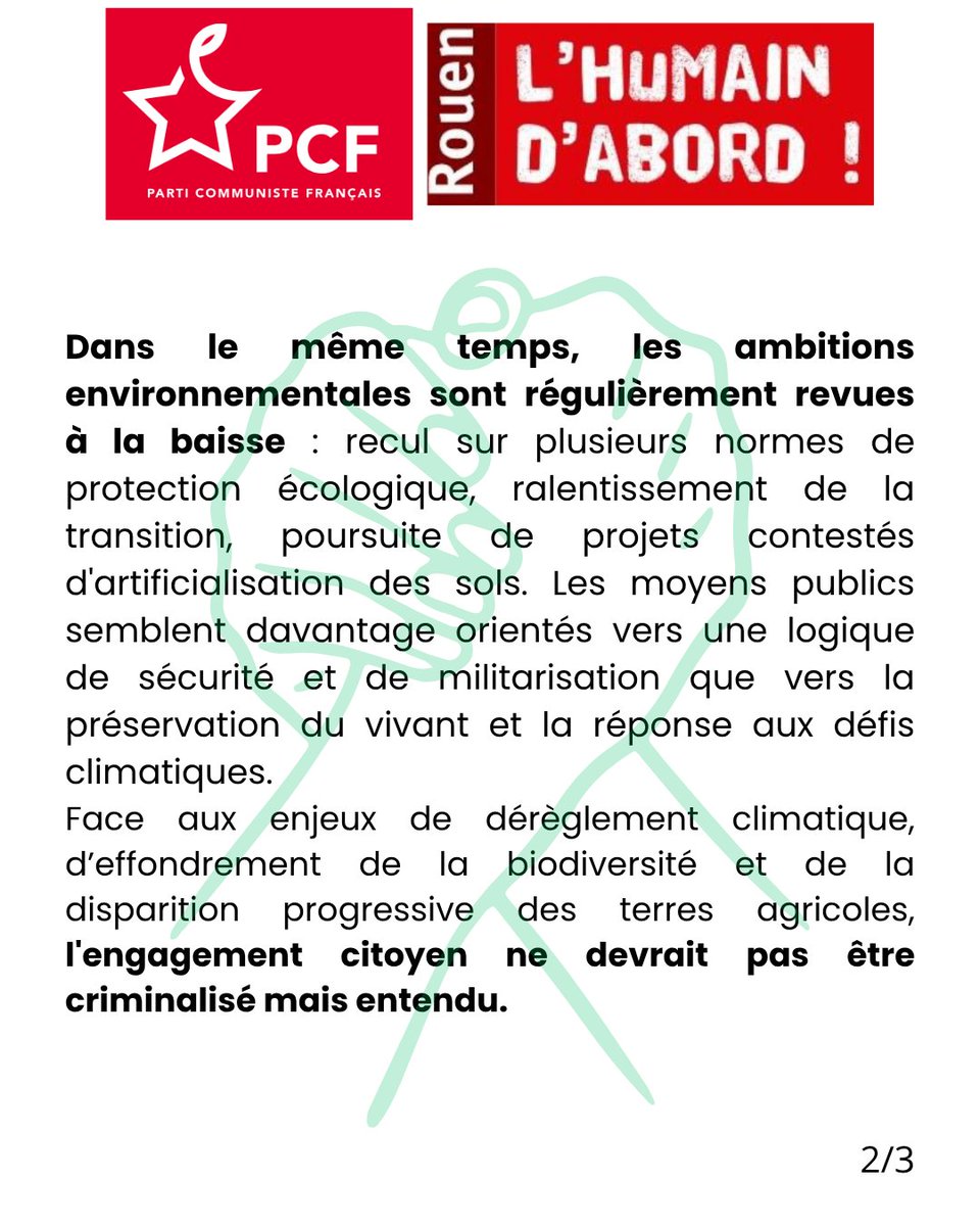 eluspcfrouen's tweet photo. Nous apportons notre solidarité aux militant·es poursuivi·es et à toutes celles et ceux qui se mobilisent pour la protection de l'environnement.

📍 Rassemblement de soutien les 1er et 2 juin dès 8h
Musée des Beaux-Arts de #Rouen - Esplanade Marcel Duchamp https://t.co/kv8hvv0xf1