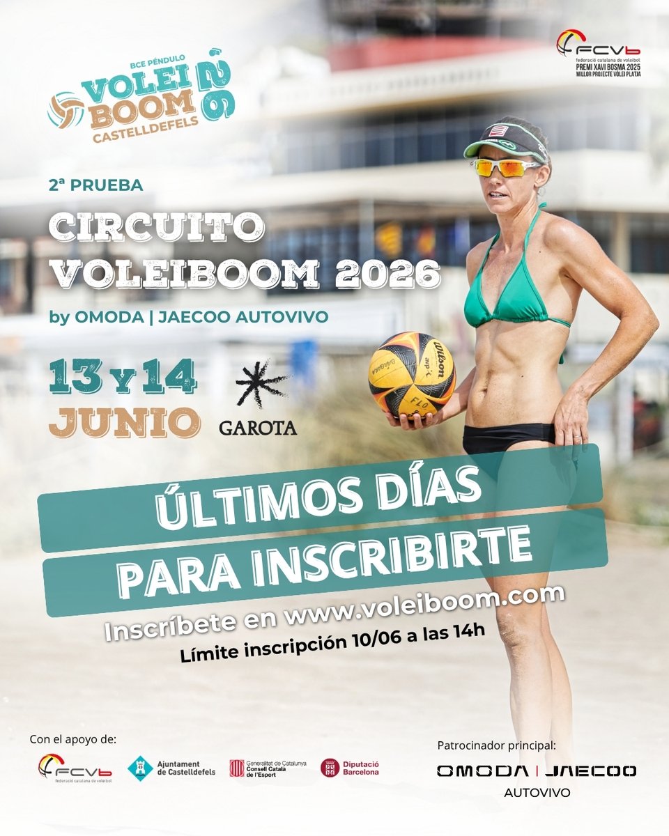 VoleiBoom's tweet photo. 🚨 ¡Últimos días para inscribirse a la 2ª prueba del Circuito Voleiboom 2026 by Omoda Jaecoo Autovivo! 🏐🔥

📲 Inscripciones: https://t.co/7O8TZA6viP

@AjCastelldefels @diba @VoleiCatala 
  
#Voleiboom #Femesport #Castelldefels #Voleiboom2026 #Voleicat https://t.co/DlBXc6x0BU