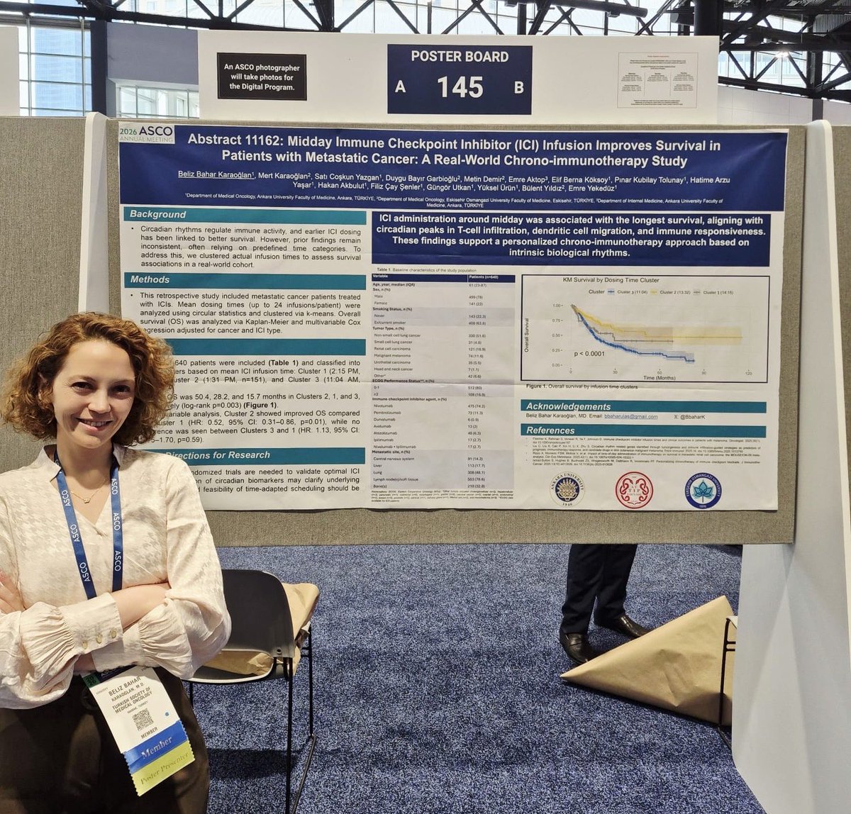 yekeduz_emre's tweet photo. 🎉Our very own @BbaharK presenting our study at #ASCO26! I am extremely happy for being the senior author for the first time!

In this real-world chrono-immunotherapy analysis, we used cluster analysis of ICI infusion timing up to 24 cycles for each patient and found that midday administration was associated with the longest overall survival in patients with metastatic cancer.

👉‼️Our translational study are on the way to better understand the biology behind these findings

#Immunotherapy #CancerResearch @DrYukselUrun @AnkaraUni @AUTF_DEKANLIK @OncoReporte @OncoAlert @OpenMedicineHQ @mert_karaoglann @realbowtiedoc