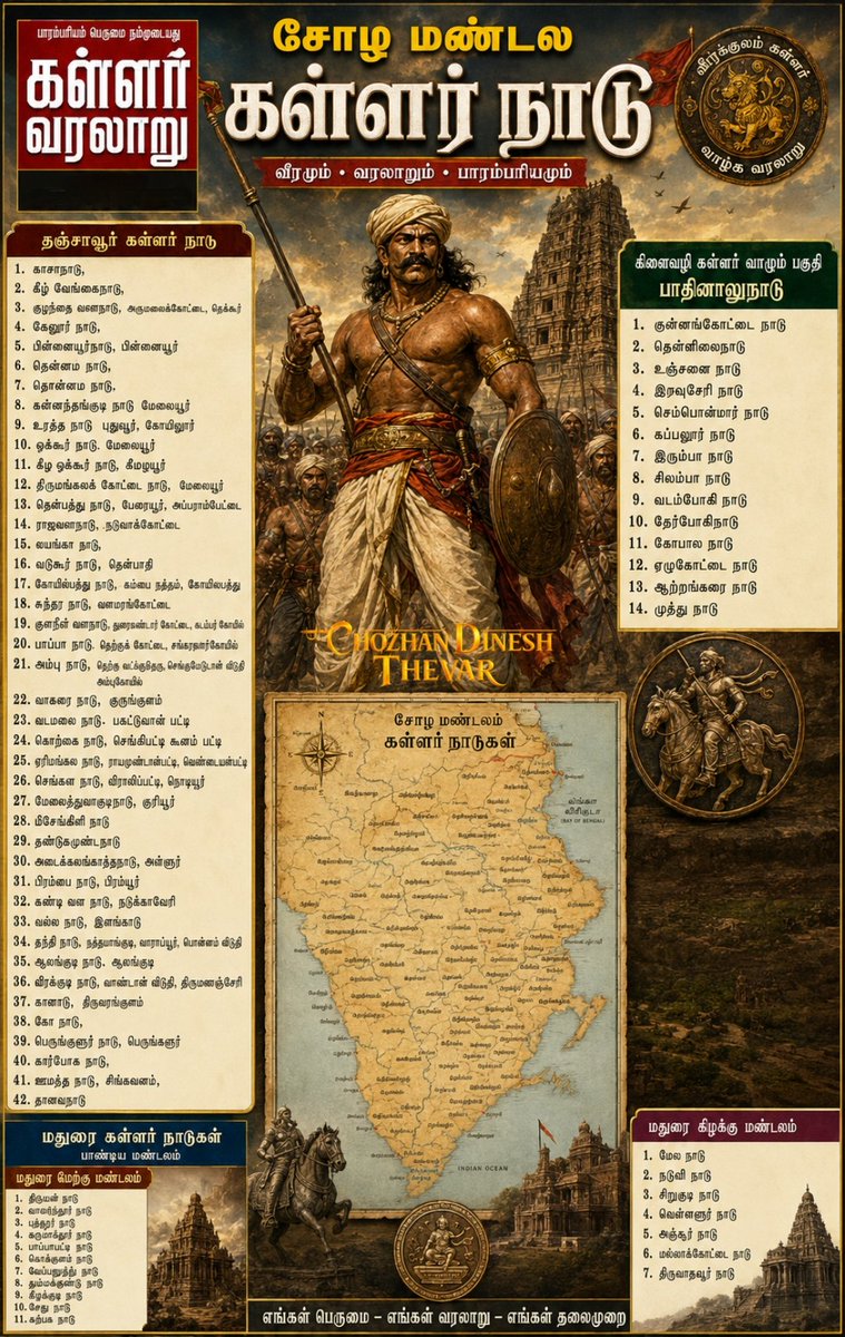 ThevarTrends's tweet photo. #சோழர் , மற்றும் #பாண்டியர் மண்டலத்தில் உள்ள #கள்ளர் நாடுகள்.

இது கள்ளர்களுக்கு என்றே தனி சிறப்பு மிக்க அதிகாரத்தின் கீழ் ஆட்சி செலுத்தப்பட்டு வந்துள்ளது சோழ பேரரசுக்கு அரணாக விளங்கியதும் கல்வெட்டுகளில் புலப்படுகிறது..

நான் அம்பு நாடு.

நீங்கள்.?

#Thevar #Mukkulathor #Cholas https://t.co/xOM28iwcnB