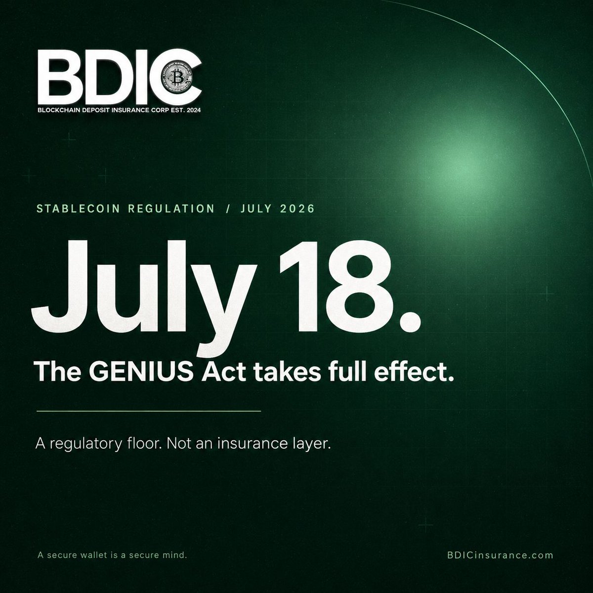 bdicinsurance's tweet photo. July 18, 2026.

The GENIUS Act final OCC rules take full effect. Every stablecoin issuer operating in the United States must hold 1:1 reserves in US dollars, short-term Treasury bills, overnight repos, or Federal Reserve credits.

Monthly reserve audits by registered accounting firms are required. Paying interest or yield to stablecoin holders is banned.

This is the first real regulatory floor for stablecoins in the United States. It is also not an insurance layer.

BDIC StableCover Pro is built for the residual risk the GENIUS Act does not cover.
https://t.co/DSLBehOGe9
A secure wallet is a secure mind.

#GENIUSAct #stablecoin #cryptoinsurance #bdicinsurance #crypto