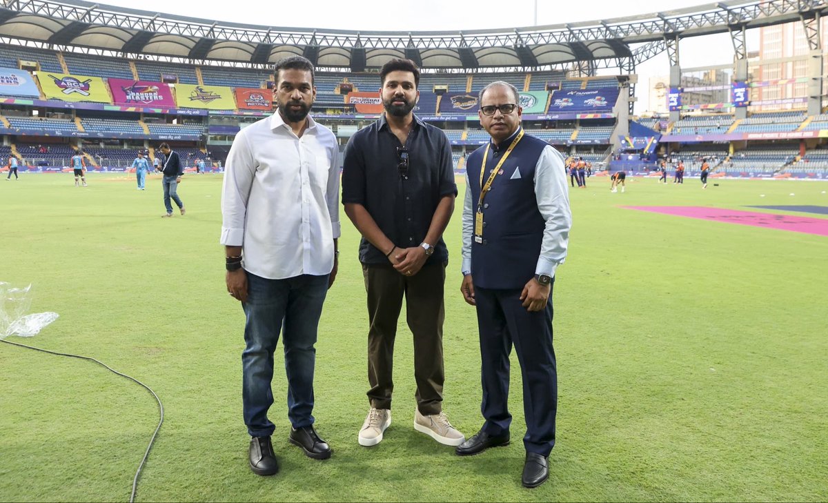 dipupatel45's tweet photo. Adding to the excitement on the opening day, Face of the League Rohit Sharma attended the toss of the second match between Mumbai South Central Maratha Royals and Aakash Tigers Mumbai Western Suburbs. Rohit was joined by Mumbai Cricket Association President Ajinkya Naik https://t.co/VW3lXqzLkh