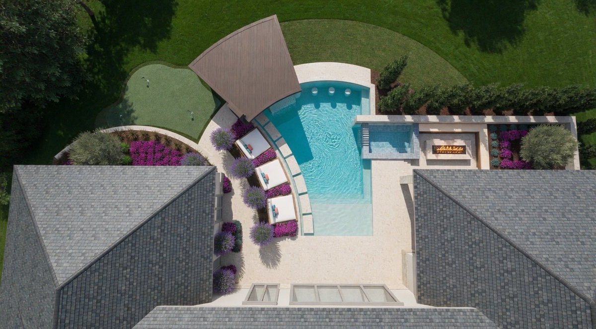 SchindlerDesign's tweet photo. Not trying to be rude but it seems way too fragmented and things thrown in just to have them instead of working together cohesively.  Most landscape architects are really bad at designing pools, structures and putting greens.  (Coming from a landscape architect).  Posting one of my renderings just as an example that has some of the same elements.   Happy to look at yours as well.