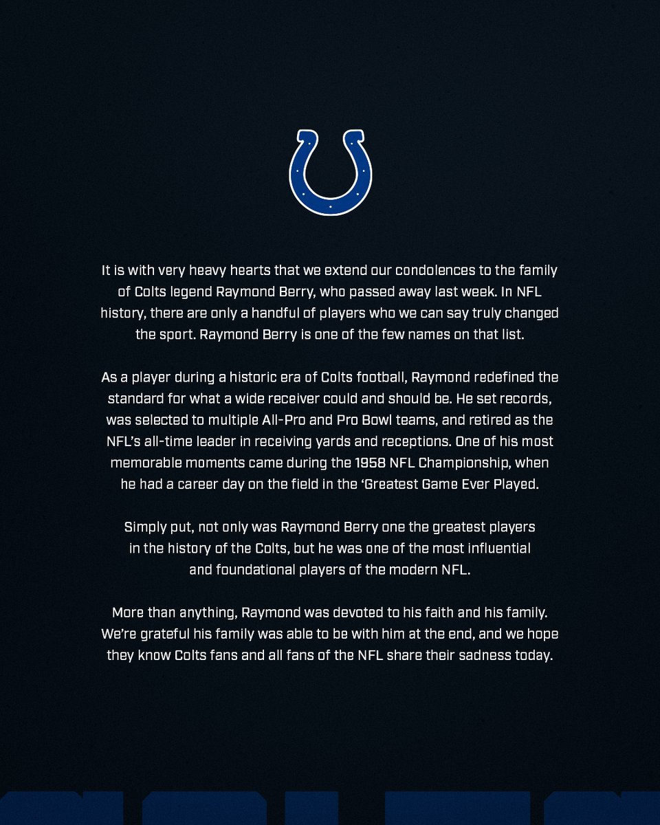 Colts's tweet photo. statement from Carlie Irsay-Gordon on the passing of colts legend Raymond Berry: https://t.co/GtT4LOrpkH