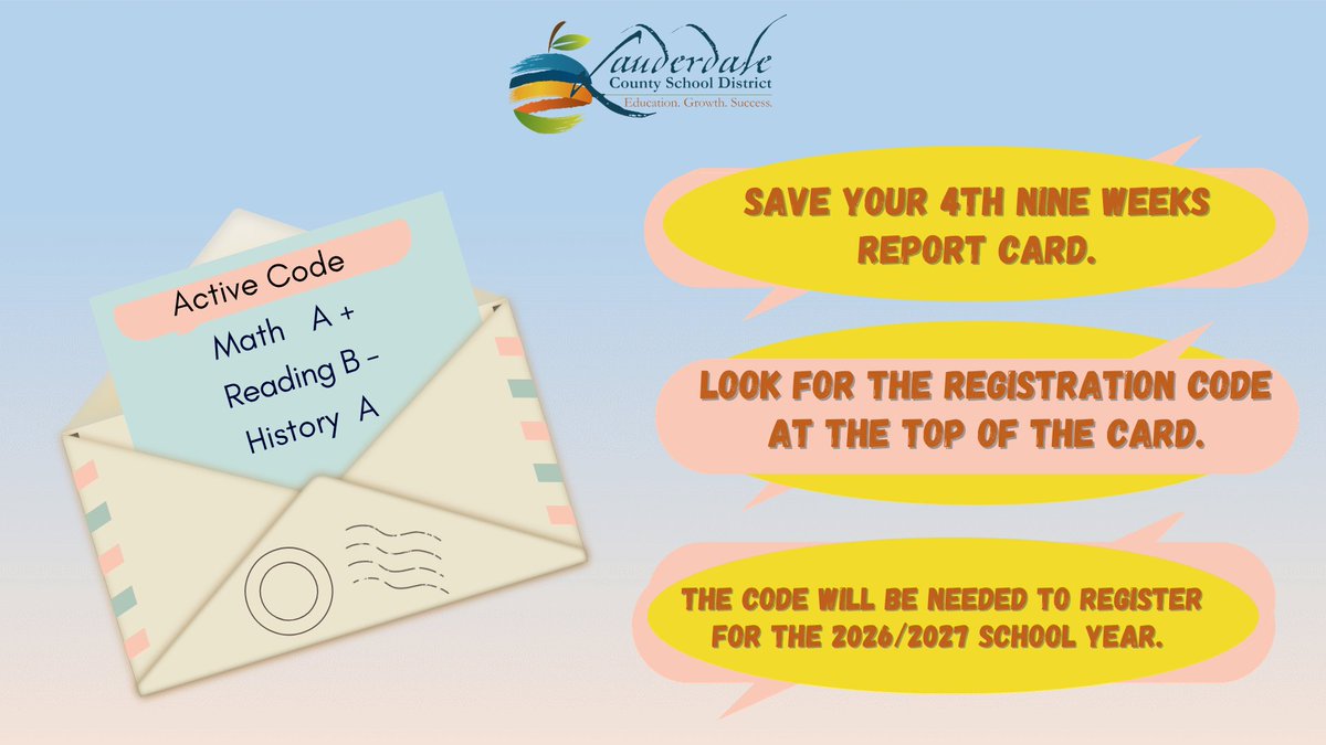 LauderdaleCSD's tweet photo. Save your child's report card. You'll need the registration code on it to register for the new year. #LCSDExcellence @ClarkdaleSchool @CdaleBulldogs @netrojans @NEMSTrojans @TrojanNation11 @see_tigers @SEMSTigersROAR @SEHS_Tigers @LauderdaleWest @WLMiddleSchool @WestLauderdale1 https://t.co/PiEO1cMQe7