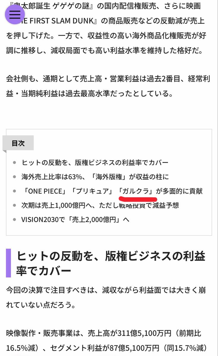 ham6886's tweet photo. 東映アニメーションの純利益250億円て記事にワンピ、プリキュアと並んでガルクラの名前が載っておる...
トゲナシトゲアリとガールズバンドクライが大健闘してるってことで
すごいことですよこれは https://t.co/i8vg3dKFLB
