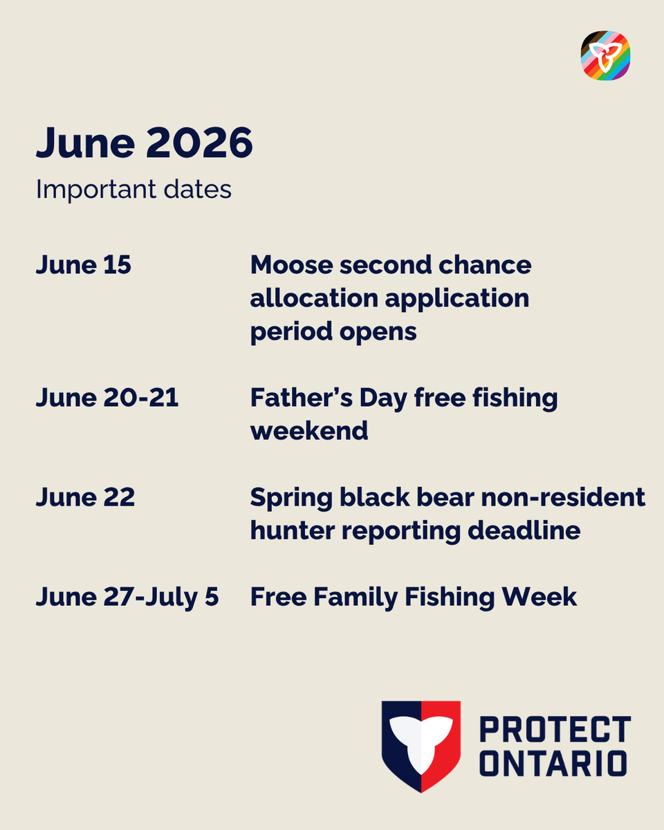 FishWildlifeON's tweet photo. Don’t miss these important June deadlines and opportunities.  

• June 1: Learn to Fish registration opens 
• June 8: Moose primary allocation tag claim deadline  
• June 10: Elk draw deadline   
• June 14: Spring wild turkey hunter reporting deadline  
 • June 15: Moose second chance allocation application period opens  
• June 20–21: Father’s Day free fishing weekend  
• June 22: Spring black bear non-resident hunter reporting deadline  
• June 27-July 5: Free Family Fishing Week  

To submit your hunter report or apply for draws, visit the link in our bio, or call 1-800-288-1155. You can also apply for draws in person at a licence issuer or participating ServiceOntario.