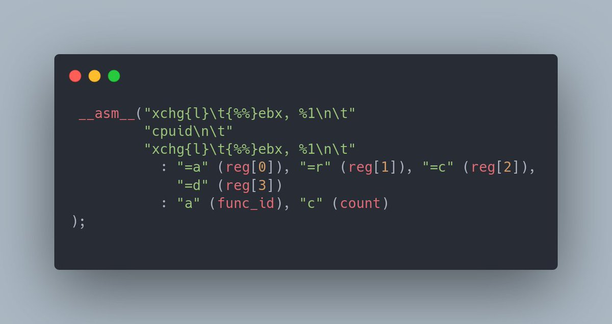 0xAX's tweet photo. Learning ML basics and looking into the numpy source code led me into some computing archaeology today.

Did you know that when you import numpy for the first time, it detects the CPU features available on your machine?

Looking at how it does this, I stumbled upon an interesting detail: on x86-32 PIC builds, numpy preserves the value of the ebx register around the CPUID instruction.

Without googling do you know why?