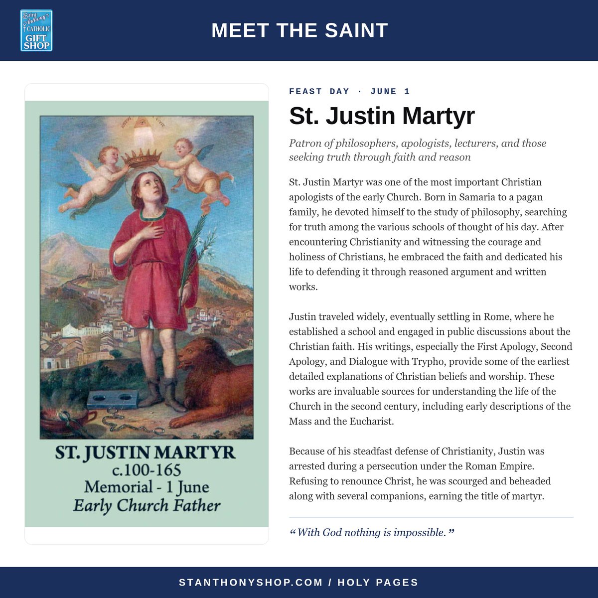 StAnthonyShop's tweet photo. Celebrate the saints on their feast days!

St. Justin Martyr, June 1
St. Boniface, June 5

#StJustinMartyr #StBoniface #Saints

https://t.co/BBTi0Hkr03 https://t.co/rxEmGt4Tzc