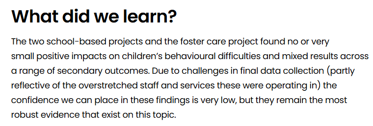 NPorter_'s tweet photo. Somehow missed the publication of 4 evaluations of Trauma Informed Practice funded by YEF and the Home Office, the first RCTs looking at the connection between trauma informed practice and children's behaviour and involvement in crime.
Headline: "no or very small positive impact" https://t.co/NoQQkvNbqZ