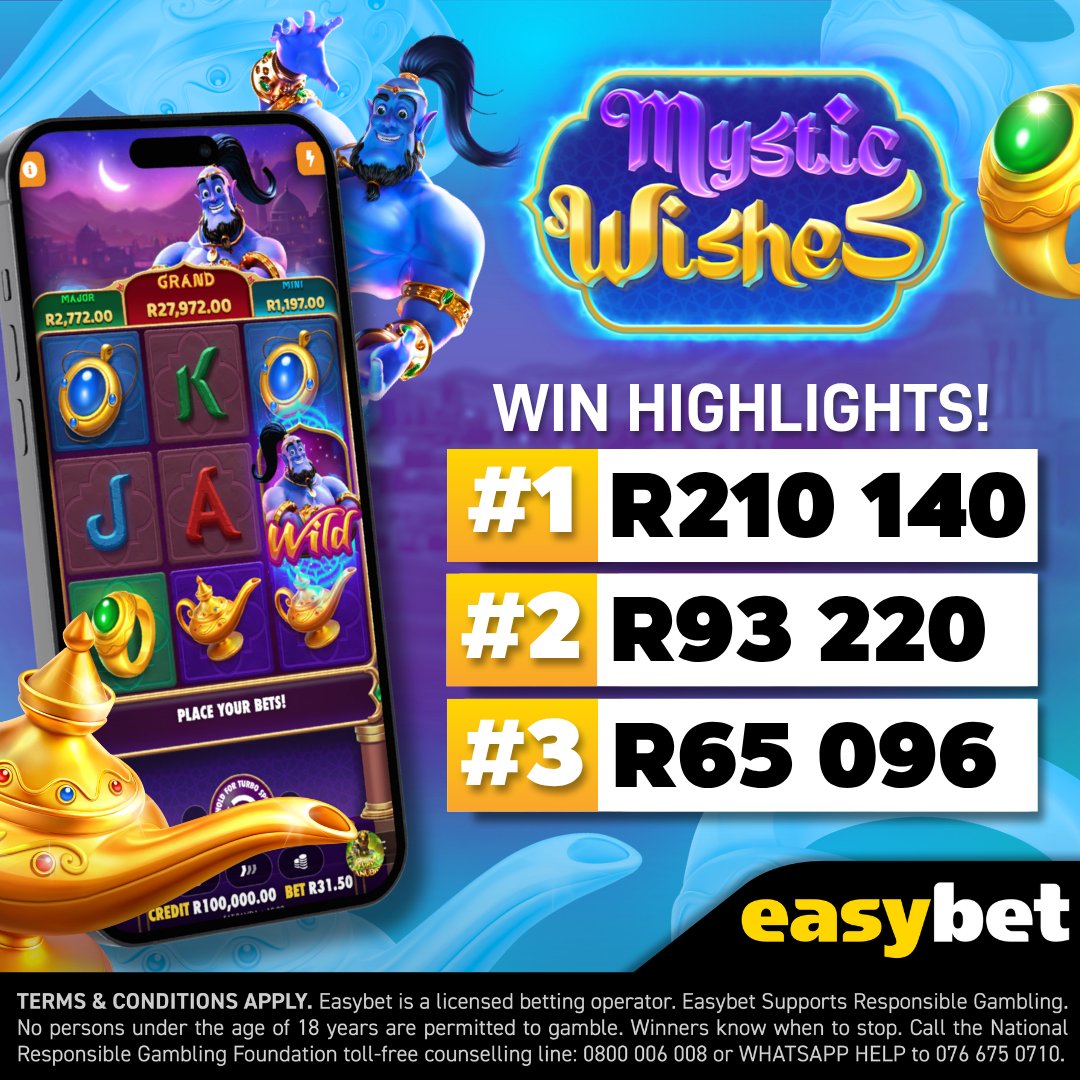 Easybet_SA's tweet photo. ✨ Mystic Wishes Grants Magical Rewards! 💰

Step into the enchanted world of Mystic Wishes, where sparkling symbols, magical surprises, and dream-like wins await on every spin. 🌙🔮 The reels are filled with mystery, fortune, and the chance to make your wishes come true.

Ready to unlock your own magical moment?

👉 Play now: https://t.co/1cHpMFGbBu

#Easybet #MysticWishes #BigWins #SlotsZA #CasinoSA