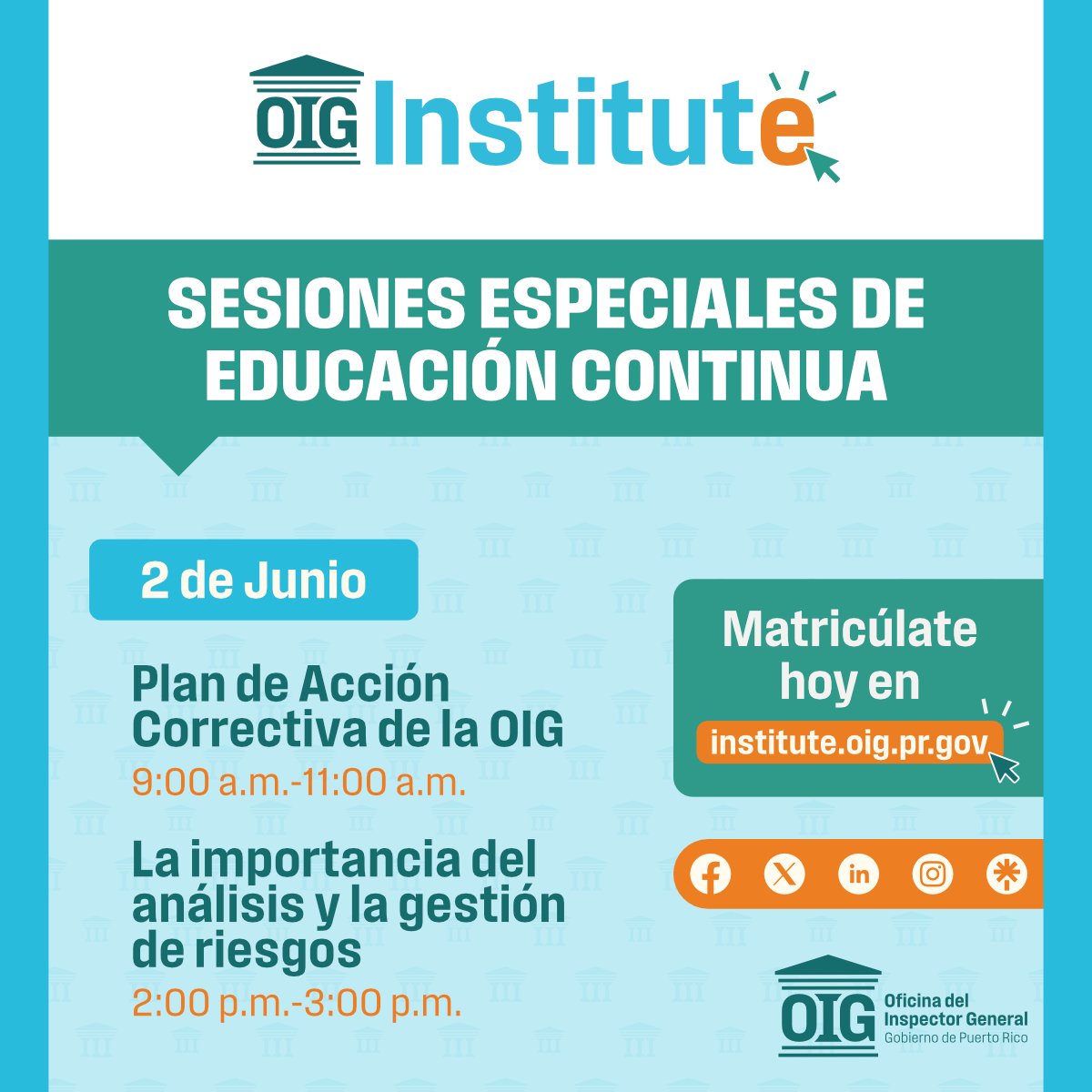 OIG_PR's tweet photo. 🖥️Sesiones Especiales de Educación Continua
Este próximo martes, 2 de junio la OIG ofrecerá adiestramientos sobre el Plan de Acción Correctiva y Análisis de Riesgos. 
Matricúlate en los adiestramientos disponibles a través de https://t.co/LV7snqlSKB.
#OIGPR https://t.co/ndvzjzbEHu