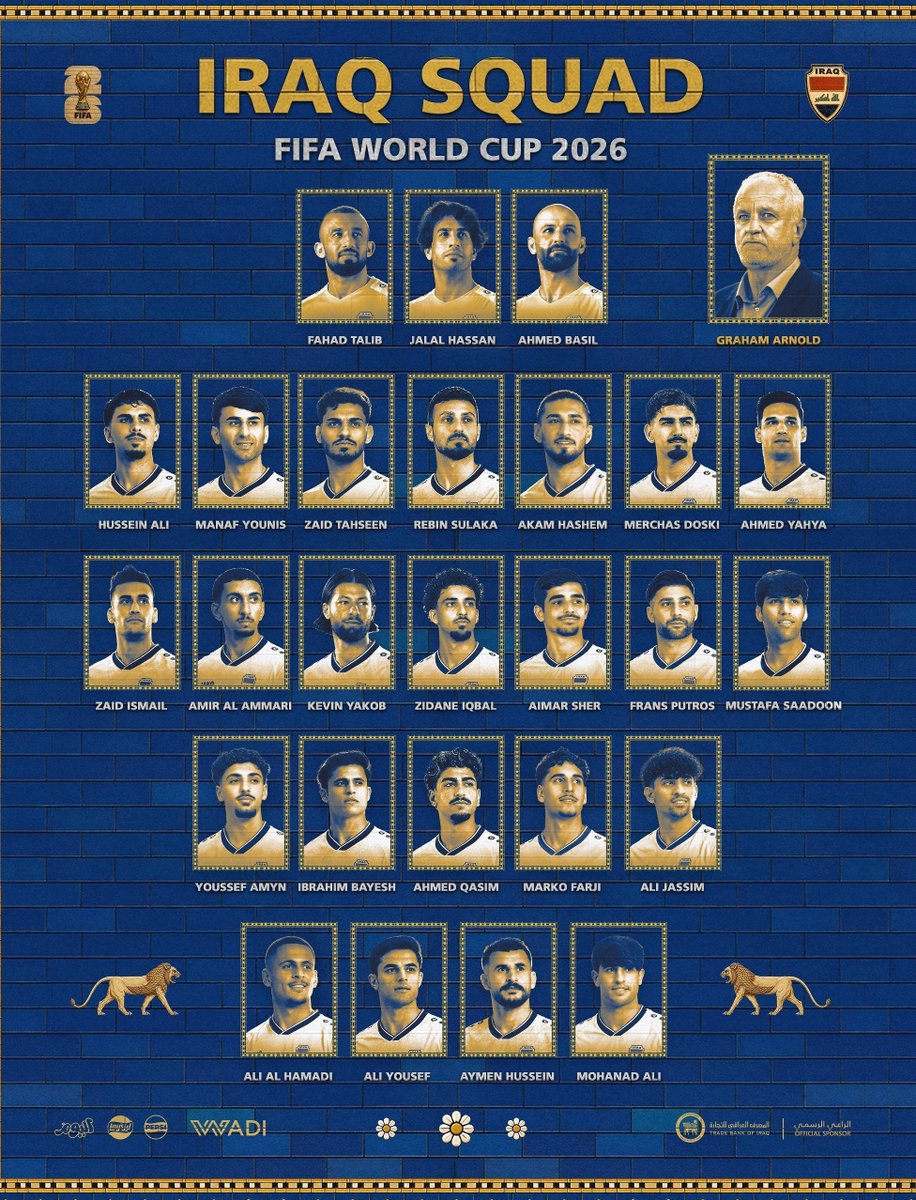 passport_soccer's tweet photo. 🇮🇶 Iraq squad for the 2026 FIFA World Cup.

🇮🇶 World Cup Schedule
🇳🇴 Norway | June 16
🇫🇷 France | June 22
🇸🇳 Senegal | June 26 https://t.co/uDpPGTQ9QY