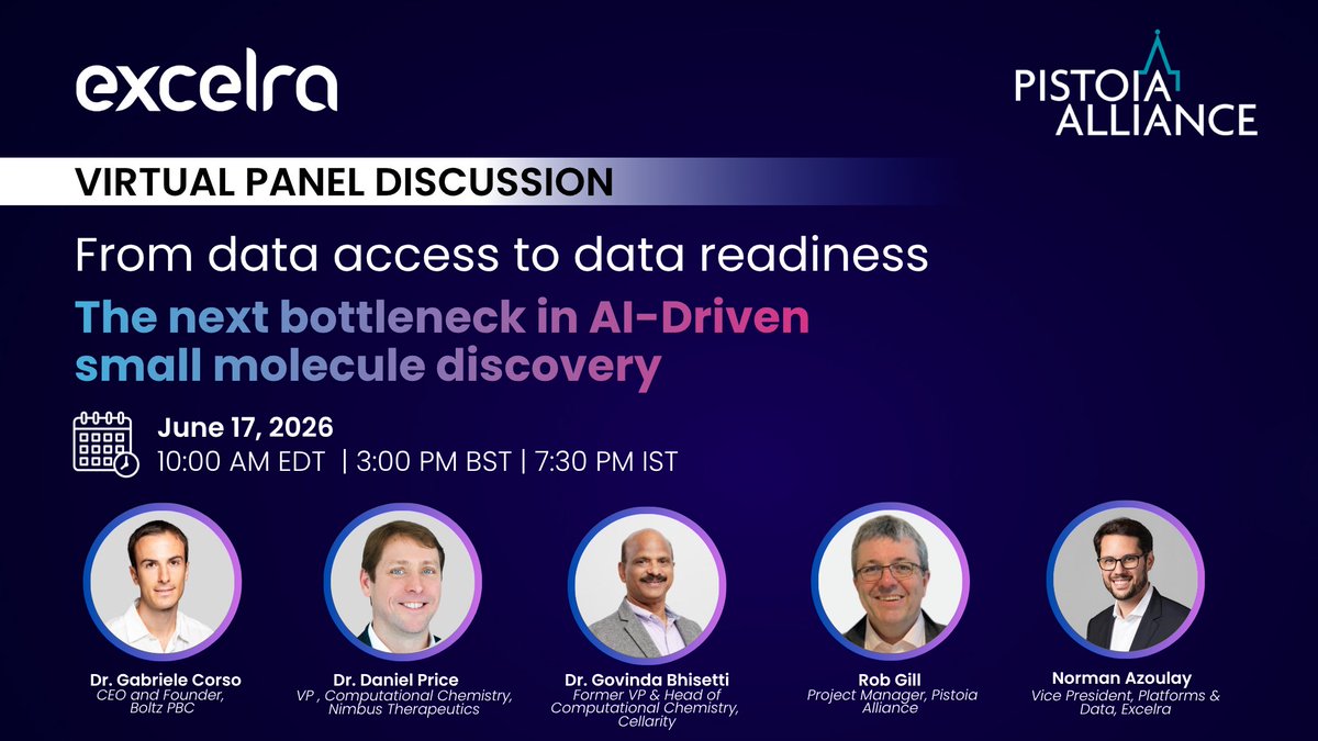 excelra's tweet photo. Register for the upcoming panel discussion: https://t.co/T6i3YQsqP6
"From Data Access to Data Readiness: The Next Bottleneck in AI-Driven Small Molecule Discovery."
 
Date: June 17, 2026
Time: 10:00 AM EDT | 3:00 PM BST
Location: Pistoia Alliance Virtual Platform
 
#Excelra https://t.co/TpLK5WyXxT
