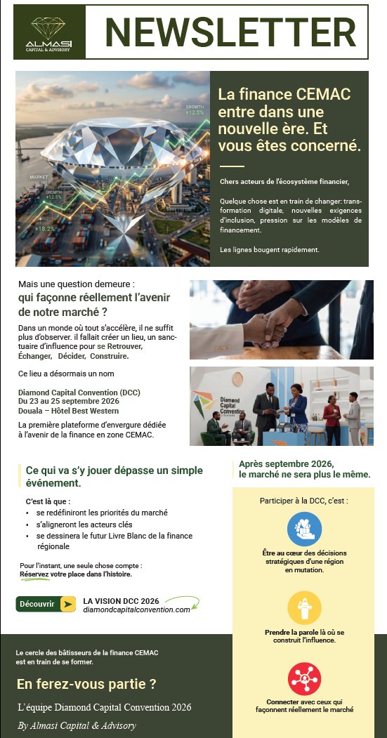 alca237's tweet photo. 🌍 La finance #CEMAC entre dans une nouvelle ère ! Du 23 au 25/09 à Douala, la Diamond Capital Convention réunit les leaders pour façonner le marché.
Ne soyez plus observateur, devenez acteur. 👉 https://t.co/RQRvErbDx9
#DCC2026 #Finance #Bourse https://t.co/ZkGXuljLP4