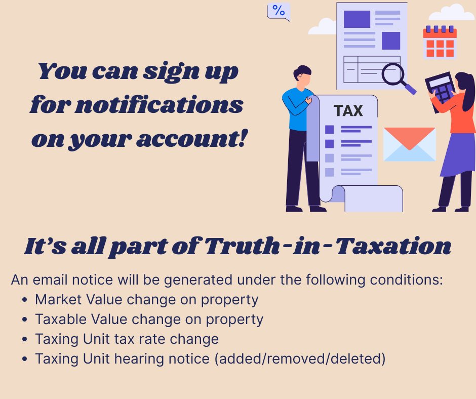 FortBendCAD's tweet photo. Truth-in-Taxation is a concept embodied in the Tx Constitution that requires local taxing units to make taxpayers aware of tax rate proposals &amp; to afford taxpayers the chance to roll back or limit tax increases.
Search for your property at the link below:
https://t.co/uaSMFXjL5b https://t.co/BzAQzY2X7t