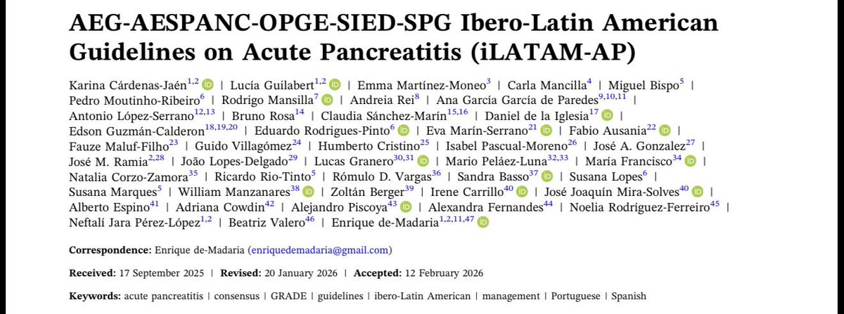 drteoa's tweet photo. 🚨 La pancreatitis aguda cambió más de lo que parece.

Estas guías iLATAM-AP resumen 20 recomendaciones para manejarla mejor en urgencias, sala, UCI y quirófano.

Primer mensaje: no todo dolor + lipasa alta necesita TAC.
Si cumple 2 de 3 criterios —dolor típico, enzimas >3× o imagen compatible— el diagnóstico ya está hecho.

La TAC precoz no es “rutina”: se reserva para dudas o complicaciones.