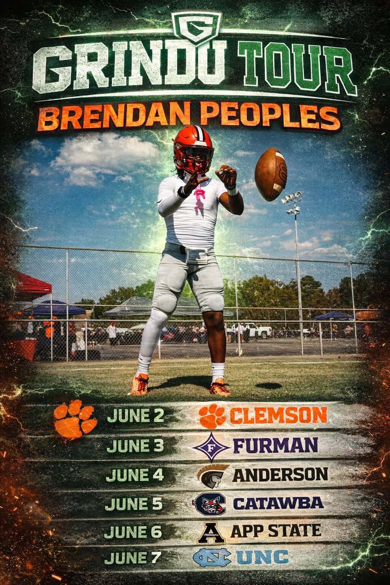 BrendenPeoples's tweet photo. 2027 JR SZN Loading⏳⏳
Ready to work and compete this week and at the next level grind never stops.
📌 Clemson - June 2
📌 Furman - June 3
📌 Anderson - June 4
📌 Catawba - June 5
📌 App State - June 6
📌 UNC - June 7
@CartersTheory @R2RPUFF @DontaEvans https://t.co/VXBo1gB5Tz
