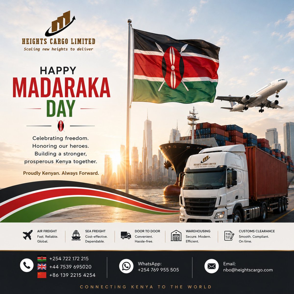 heightscargo's tweet photo. Today, we celebrate the spirit of freedom, resilience, and progress that continues to shape Kenya’s future.

Here’s to a stronger, bolder, and more prosperous Kenya. 🇰🇪

#MadarakaDay #HappyMadarakaDay #Kenya #HeightsCargo #LogisticsKenya #FreightSolutions #ProudlyKenyan #Cargo https://t.co/ovCcmogtsF